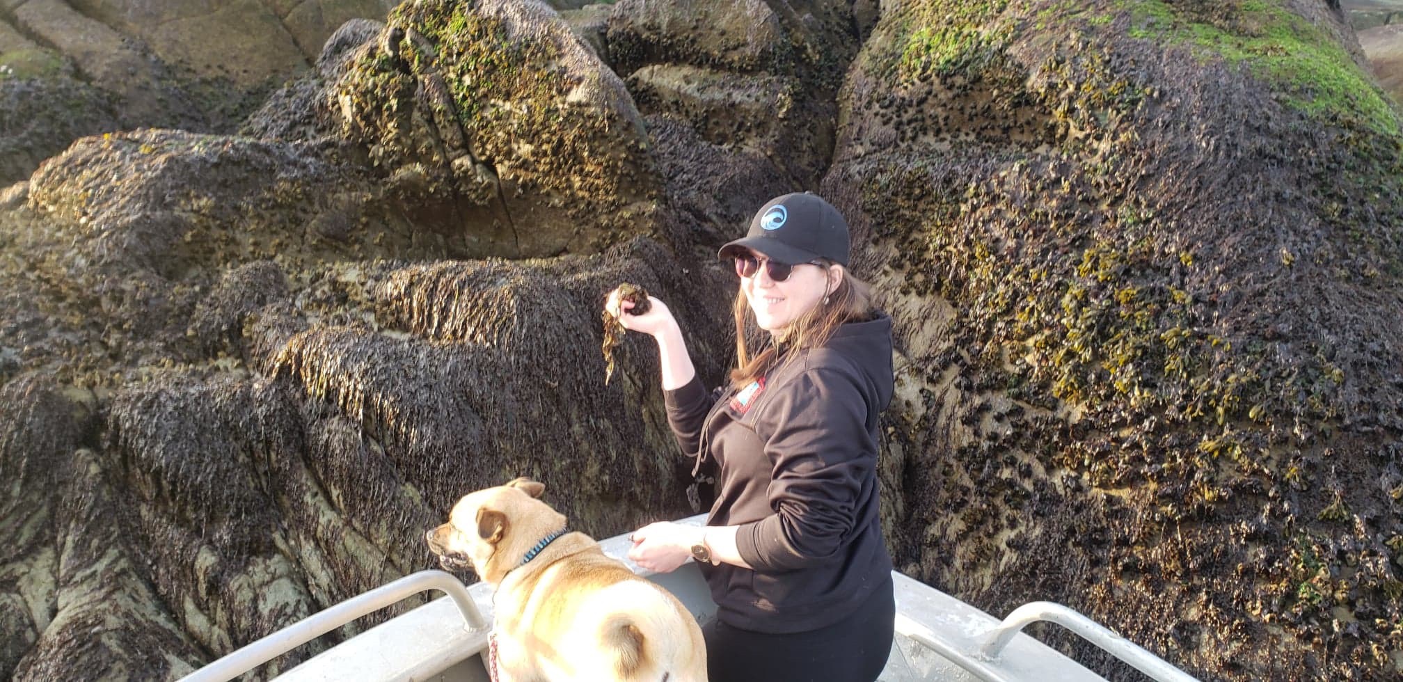 a lady on a boat with a dog picking black, flat seaweed