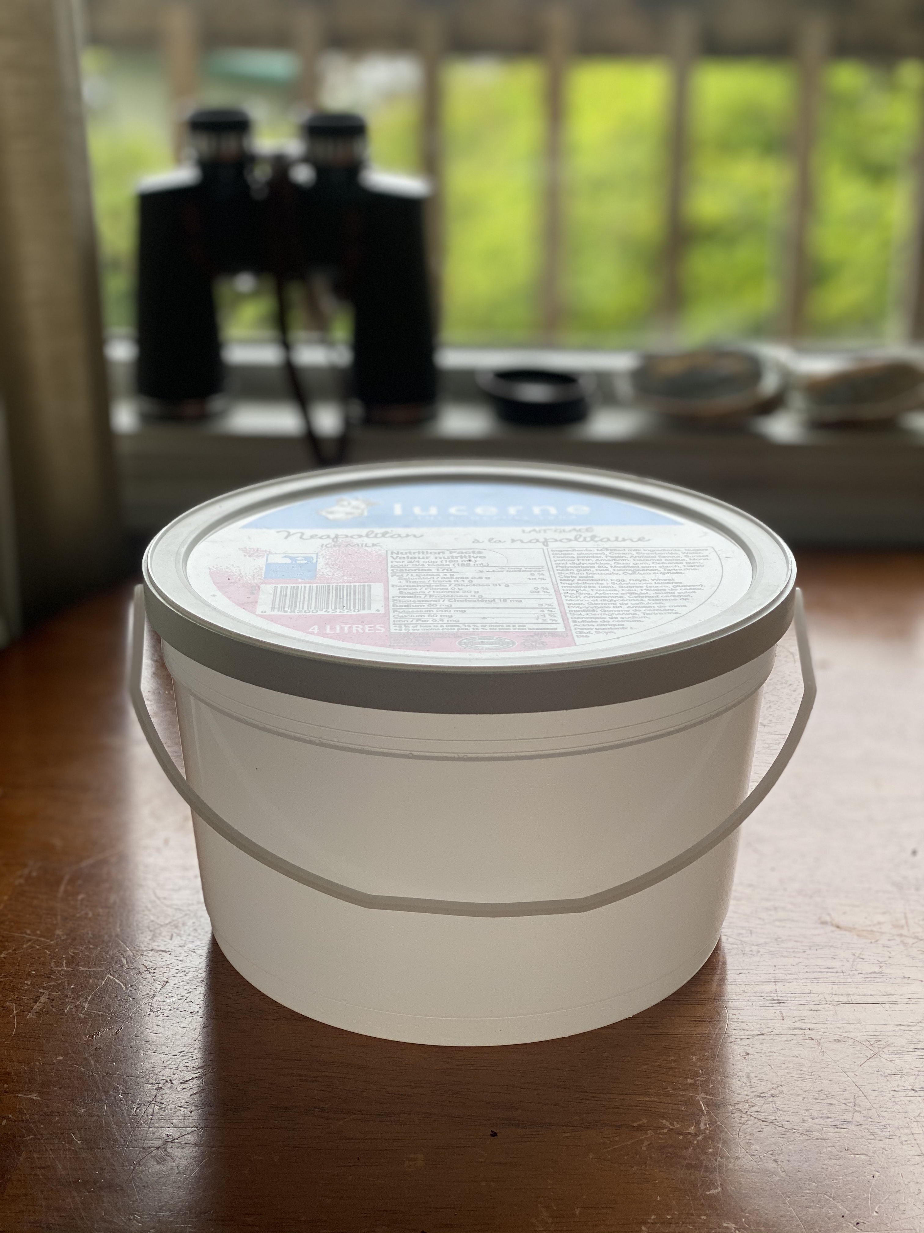 Ice cream bucket used for harvesting the ma̱ḵ'ooxs
