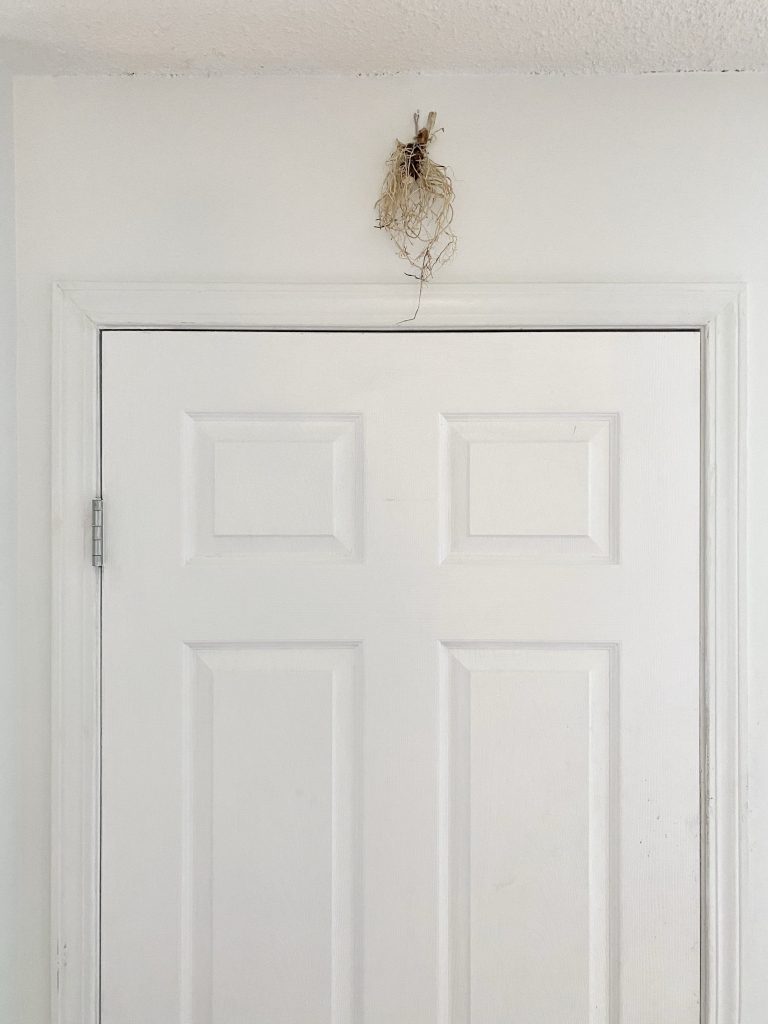 A fresh huułens root hanging to dry above a door