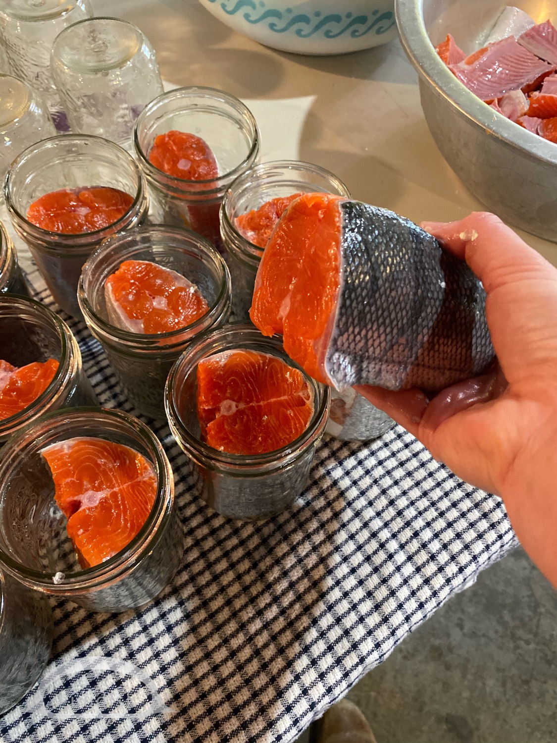 grabbing a fish and use a jar to place in a separate it