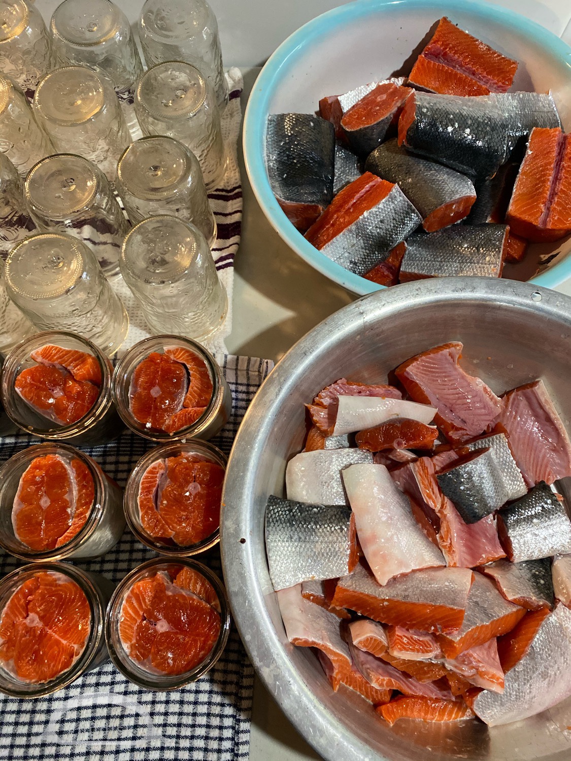 separate salmon body pieces and belly pieces